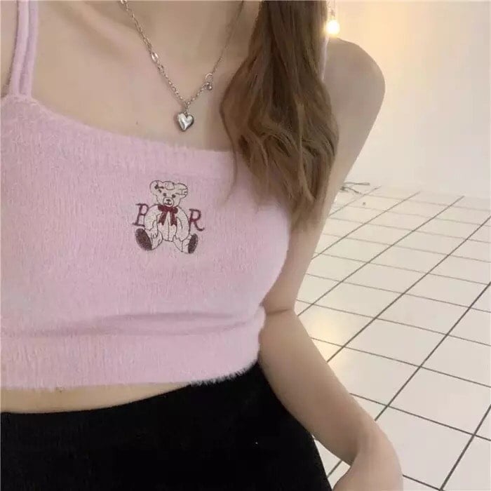 Bear Embroidery Knit Crop Top Spaghetti Strap Tank Sleeveless Shirt Summer Aesthetic Casual E-Girl Kawaii Korean Japanese Harajuku