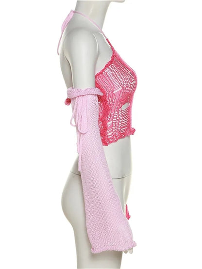 Pink Color Contrast Knit Long Sleeve Halter Top