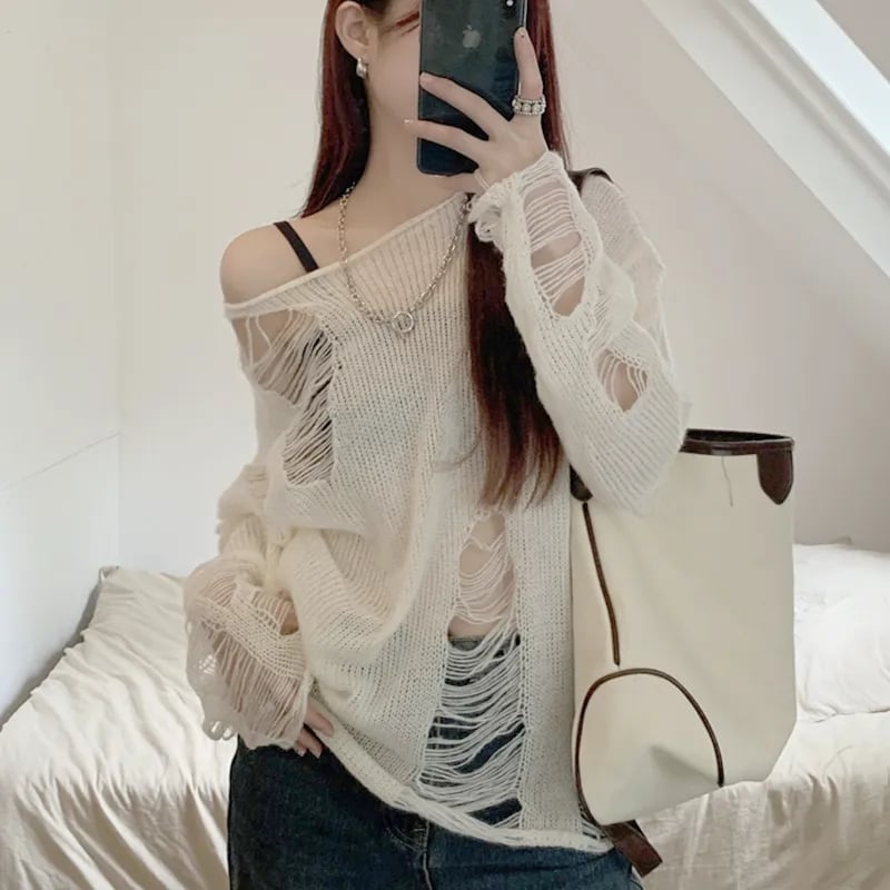 White Hole Ripped Long Sleeve Sweater