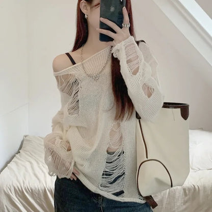 White Hole Ripped Long Sleeve Sweater