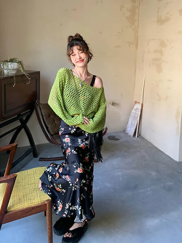 Green Hollow Out Oversized Smock
