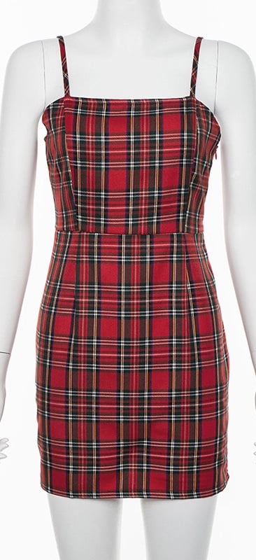 Cute Sexy Red Plaid Checkered Mini Dress Party Bodycon E-Girl Kawaii Korean Japanese Harajuku Chinese Retro Streetwear Aesthetic