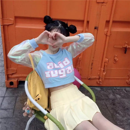 Pastel Pink Acid Holographic Laser Transparent Crop Top Long Sleeve Tee Shirt T-shirt Top Sweatshirt E-Girl Kawaii Korean Japanese Harajuku Streetwear