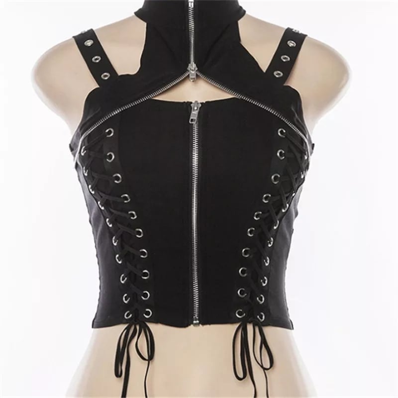 Cute Black Zipper Choker Halter Sleeveless Bandage Tank Crop Top Punk Goth Summer Aesthetic Club E-Girl Kawaii Korean Japanese Harajuku