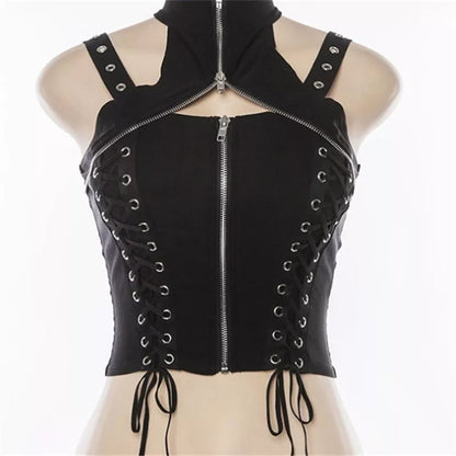 Cute Black Zipper Choker Halter Sleeveless Bandage Tank Crop Top Punk Goth Summer Aesthetic Club E-Girl Kawaii Korean Japanese Harajuku