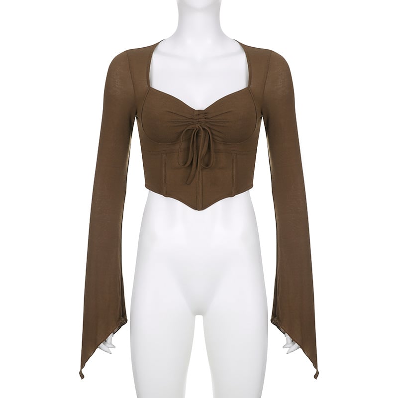 Brown Drawstring Long Sleeve Flare Crop Top