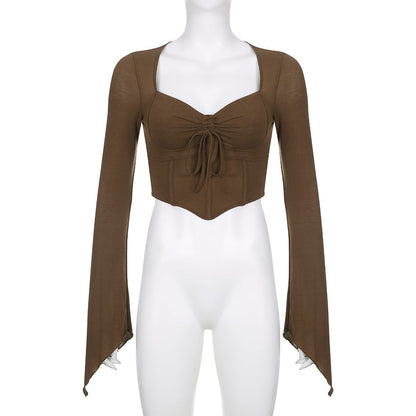 Brown Drawstring Long Sleeve Flare Crop Top