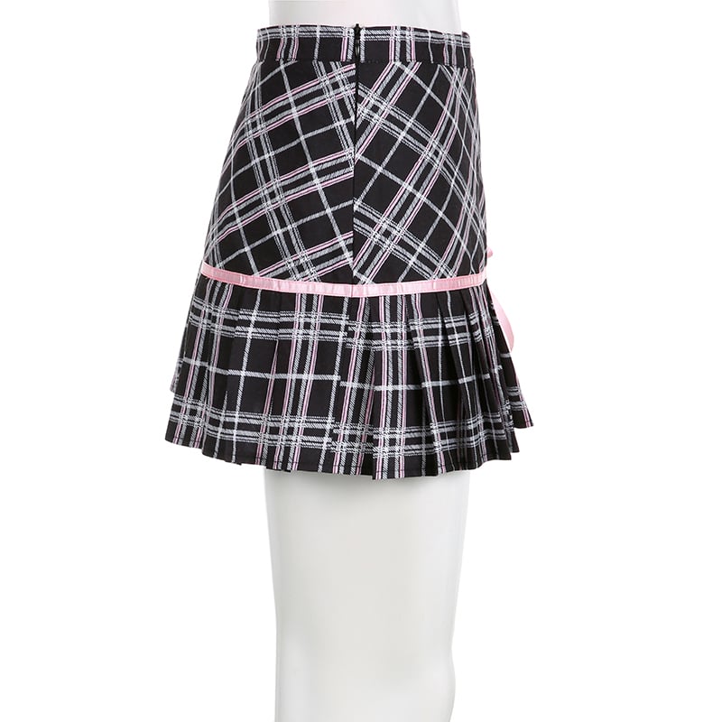 Pink Plaid Stripe Pleated High Waist Mini Skirt
