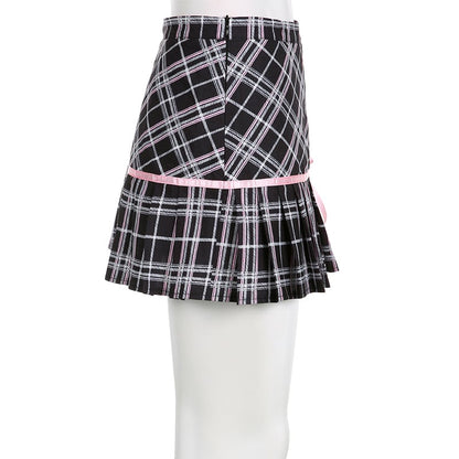 Pink Plaid Stripe Pleated High Waist Mini Skirt