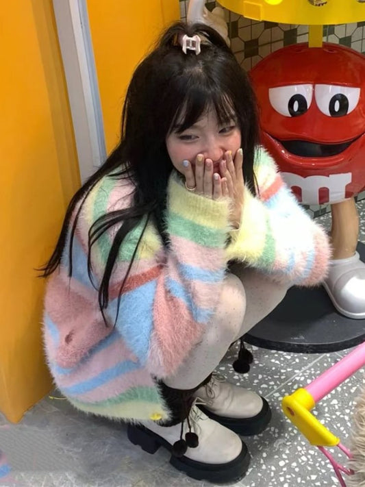 Fluffy Rainbow Stripe Cardigan