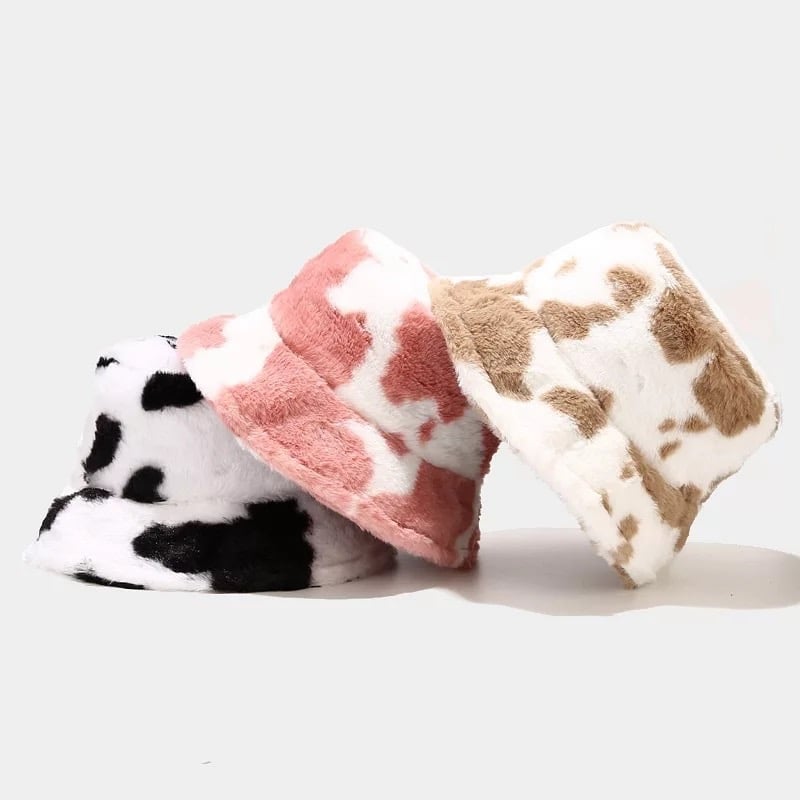 Cow Print Plush Bucket Hat Warm Soft Velvet Fishermen Cap Animal Print Winter Women E-Girl Kawaii Korean Japanese Harajuku Streetwear