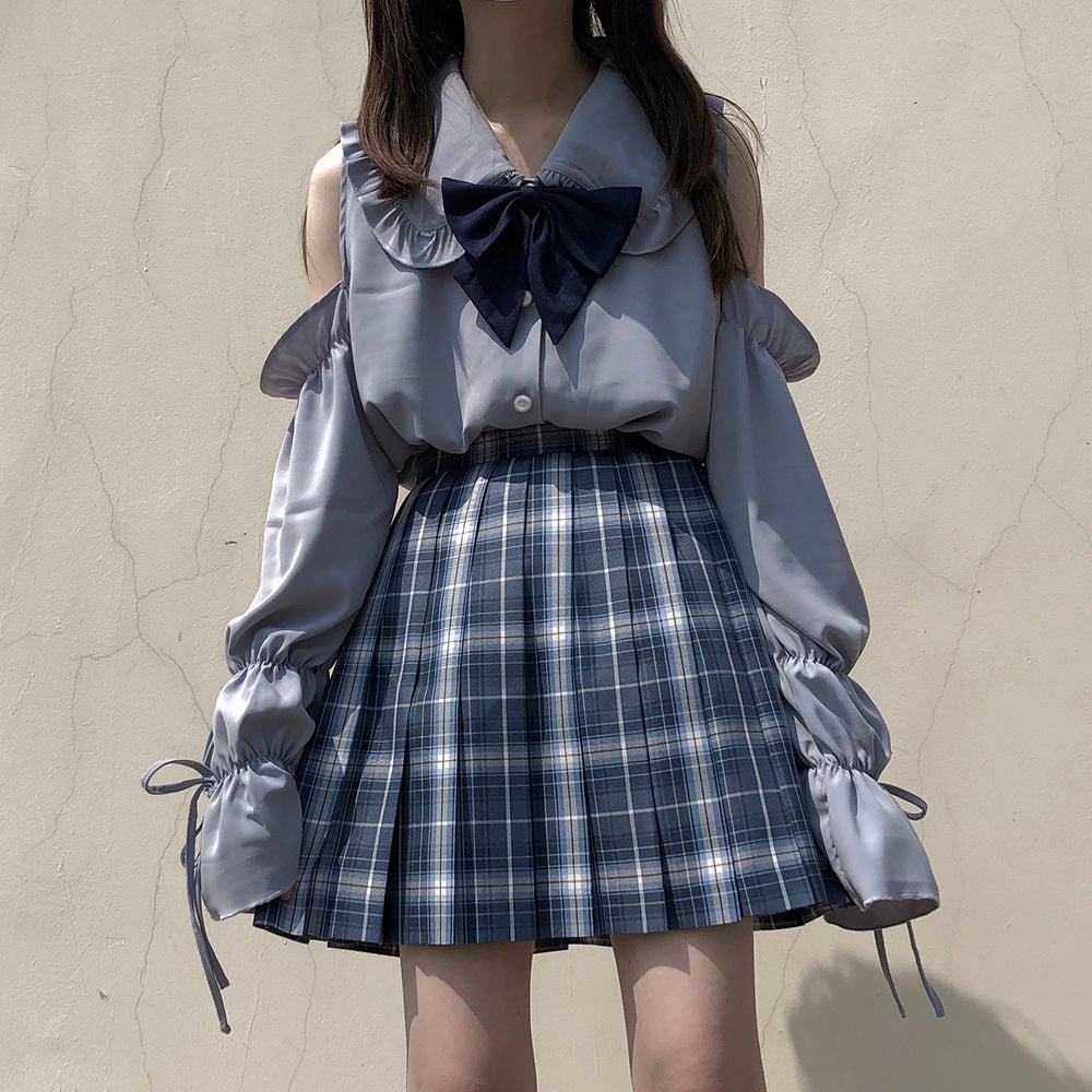 Blue Peterpan Collar Bow Lantern Long Sleeve Shirt