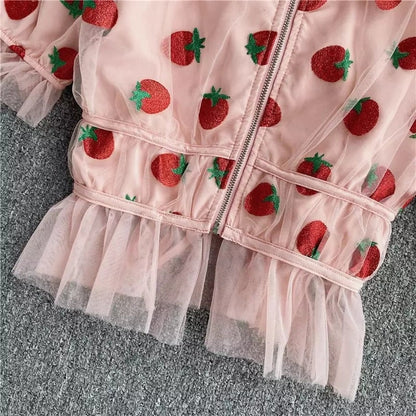 Cute Sexy Pink Strawberry Glitter Sparkle Mesh V Neck Blouse Puff Short Sleeve Shirt Summer Casual E-Girl Kawaii Korean Japanese Harajuku Streetwear