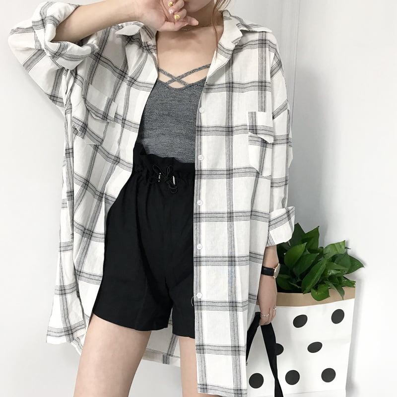 Cute Casual Plaid Flannel Loose Oversized Long Sleeve Shirt Top Boyfriend Baggy E-Girl Kawaii Korean Japanese Harajuku Retro Streetwear