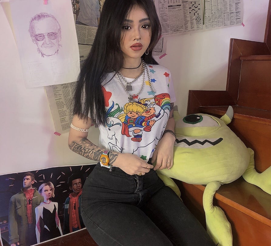 Cute Sexy White Unicorn Rainbow Cartoon Crop Top T-shirt Tee Short Sleeve Shirt E-Girl Kawaii Korean Japanese Harajuku Retro Streetwear