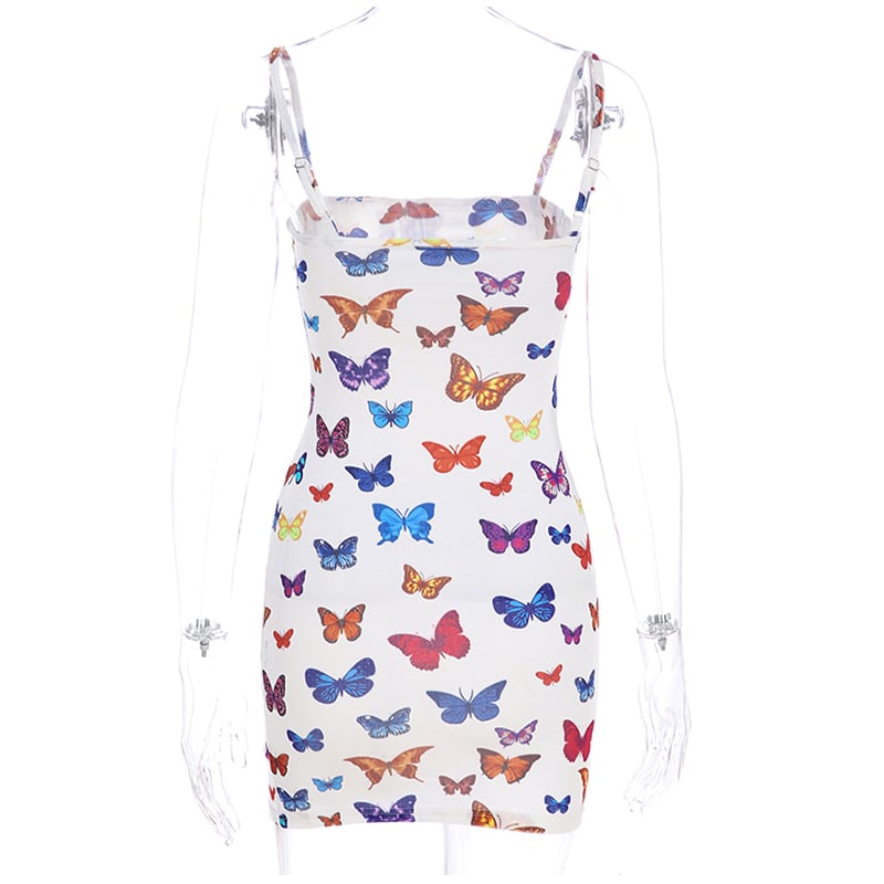Cute Colorful Rainbow Butterfly Spaghetti Strap Bodycon Mini Dress Party E-Girl Kawaii Korean Japanese Harajuku Chinese Retro Streetwear Aesthetic