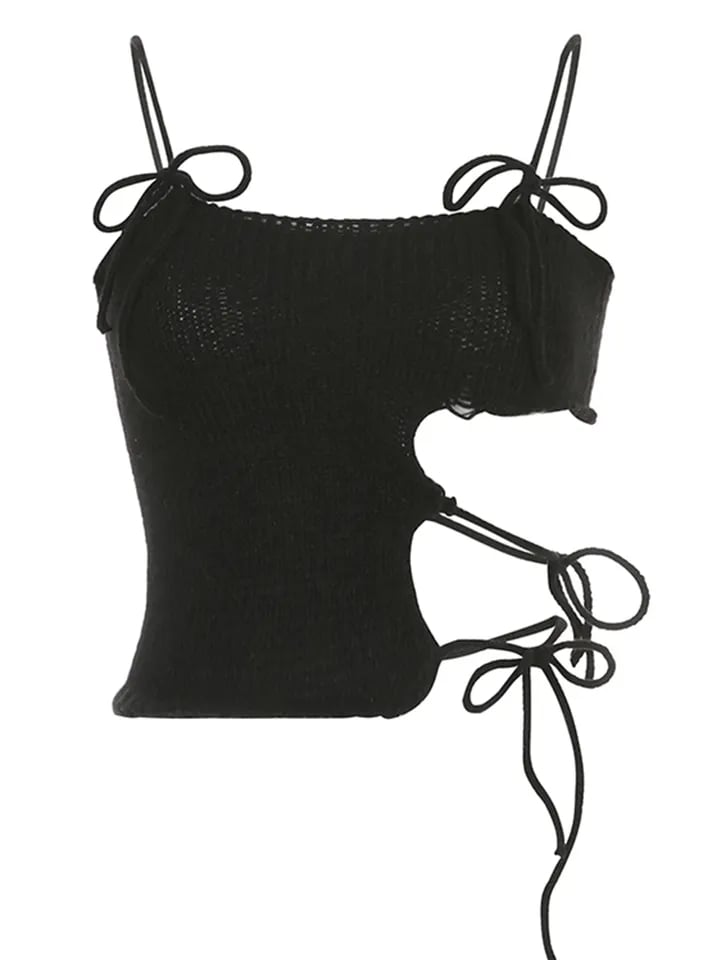 Black Knit Tie Up Backless Crop Top