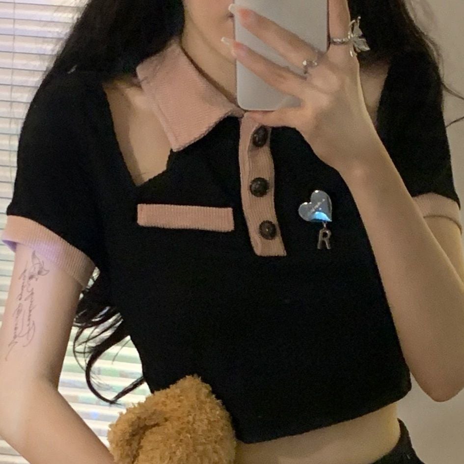 Black Off Shoulder Hollow Out Short Sleeve T-shirt