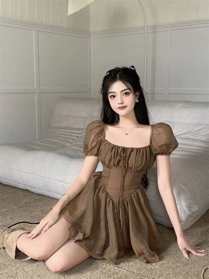 Brown Squares Neck Puff Sleeve Dress