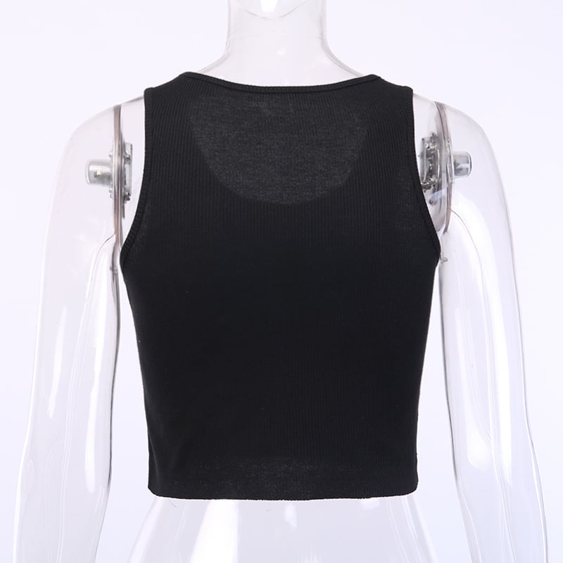 Black Skull Print Knit Ruffle Tank Top Cropped Sleeveless Shirt Causal Goth Punk Causal Summer E-Girl Kawaii Korean Japanese Harajuku Streetwear