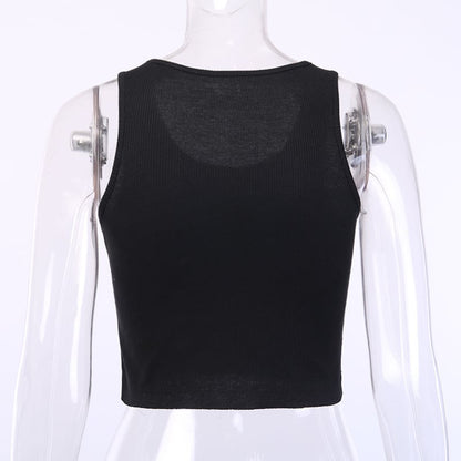 Black Skull Print Knit Ruffle Tank Top Cropped Sleeveless Shirt Causal Goth Punk Causal Summer E-Girl Kawaii Korean Japanese Harajuku Streetwear