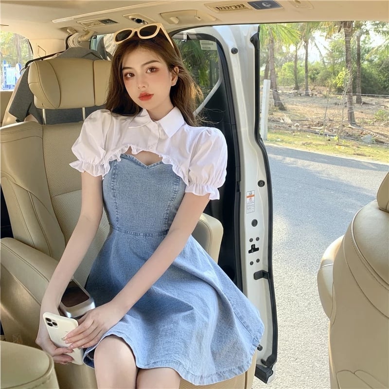 Cute Sexy French Sling Blue Denim A-line Waist Mini Dress Party Picnic Summer Aesthetic Casual E-Girl Kawaii Korean Japanese Harajuku