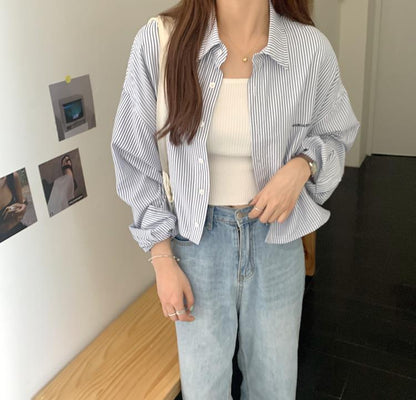 Blue Stripe Cropped Long Sleeve Shirt