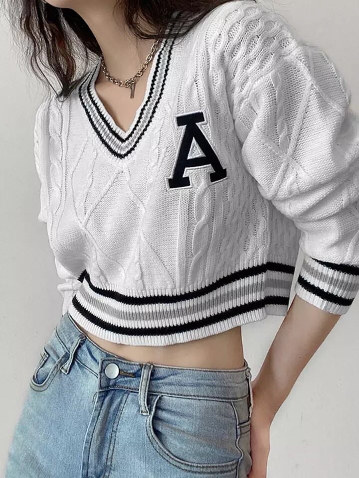 White Varsity V Neck Long Sleeve Crop Top Knit Pullover Sweater Jumper Autumn Aesthetic Casual E-Girl Kawaii Korean Japanese Harajuku