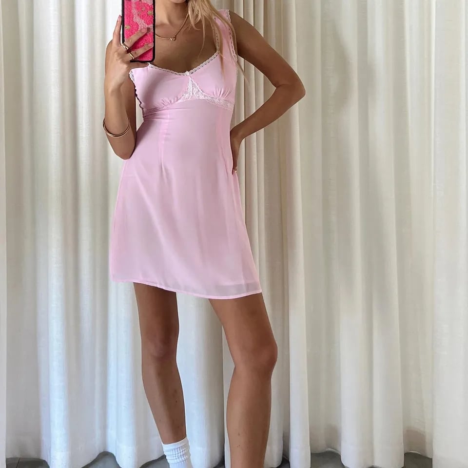 Pink Lace Trim V-Neck Mini Dress