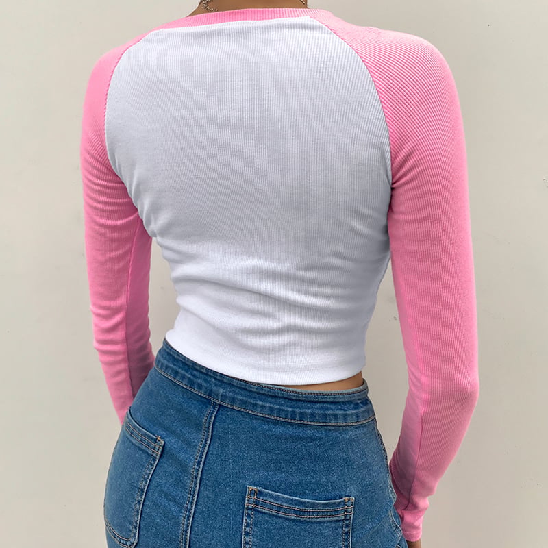 Cute Color Contrast Patchwork Crop Top Long Sleeve Shirt TeeT-shirt Casual Autumn E-Girl Kawaii Korean Japanese Harajuku Streetwear
