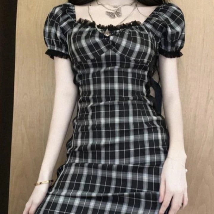 Cute Black White Plaid Puff Sleeve Square Collar Mini Dress Elegant Summer Aesthetic Casual E-Girl Kawaii Korean Japanese Harajuku
