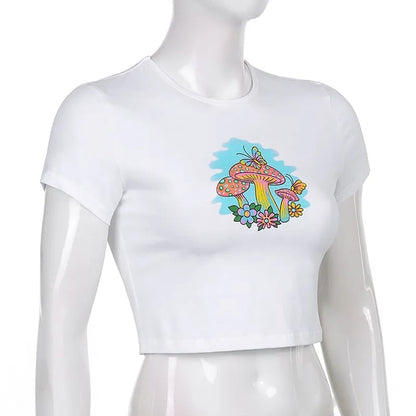 Mushroom Print Cropped Short Sleeve T-shirt