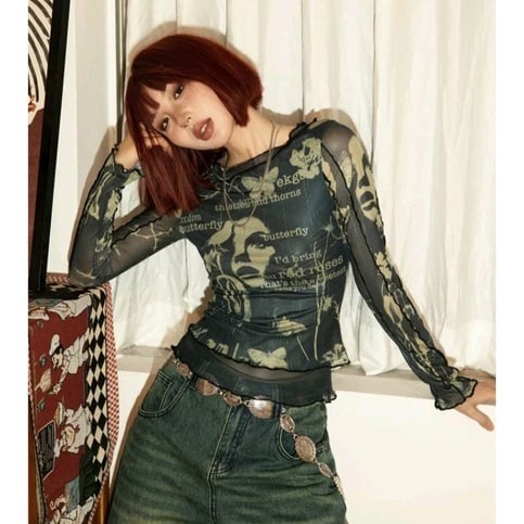 Butterfly Print Mesh Long Sleeve Shirt