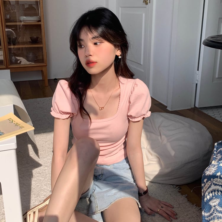 Pink Puff Sleeve Square Collar Top