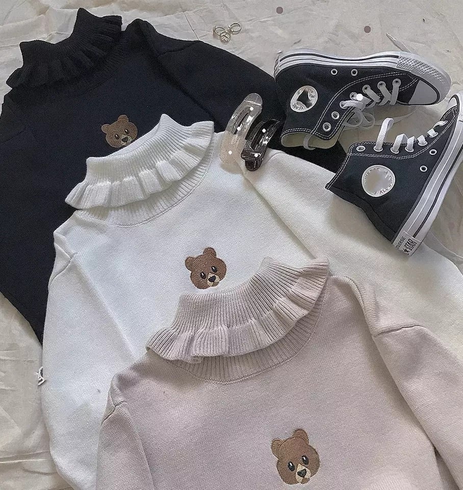 Cute Bear Embroidery Turtleneck Vintage Sweater High Neck Ruffle Pullover Long Sleeve Knit E-Girl Kawaii Korean Japanese Harajuku Streetwear