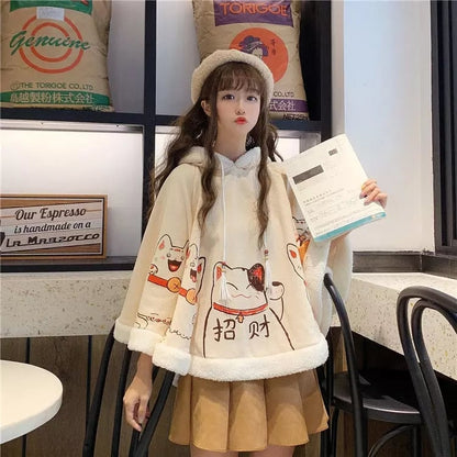 Cute Lucky Cat Ears Cloak Hoodie Pullover Sweatshirt Autumn Winter Aesthetic Casual E-Girl Kawaii Korean Japanese Harajuku