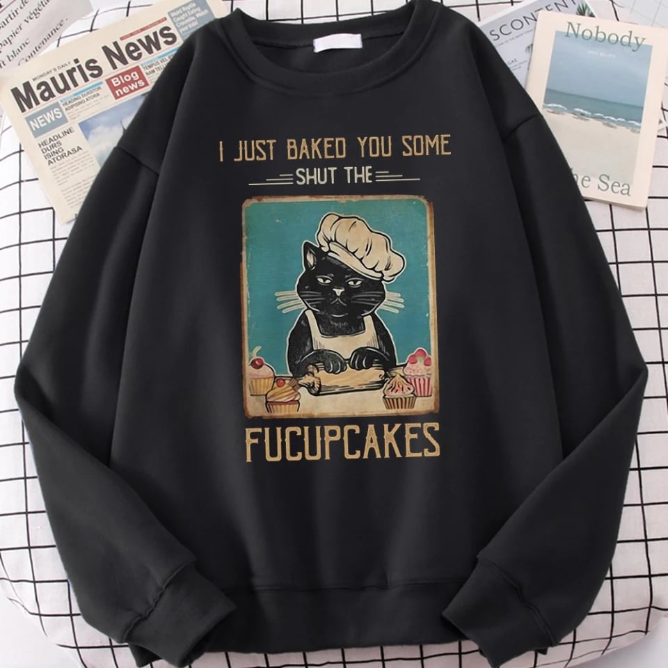 Cute Funny Cat Baking Cupcakes Cartoon Print Sweatshirt Pullover Hoodie Aesthetic Casual E-Girl Kawaii Korean Japanese Harajuku