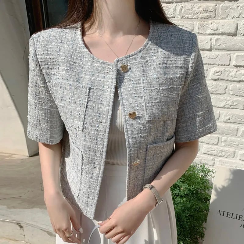 Heart Button Tweed Short Sleeve Blouse