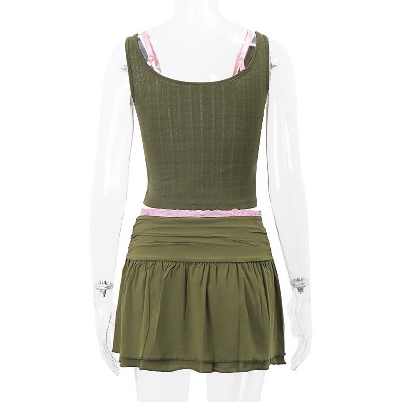 2PCS Green & Pink Lace Spaghetti Strap Top + Drawstring Skirt Set