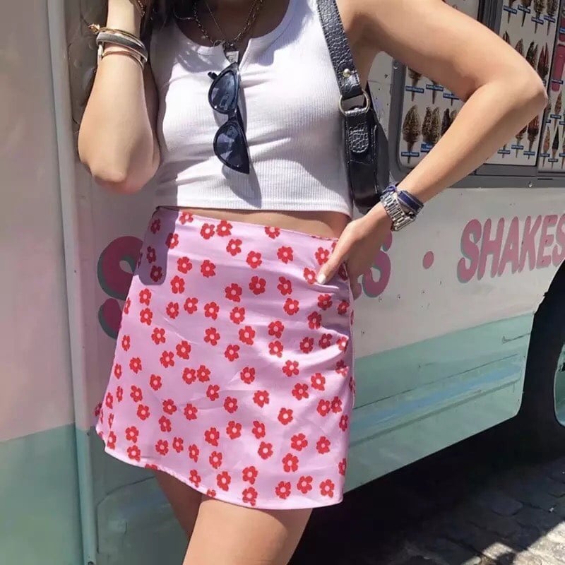 Cute 90s Vintage Pink Flower Floral Elegant A-line Boho Satin High Waisted Skirt Bottoms Aesthetic E-Girl Kawaii Korean Japanese Harajuku Streetwear