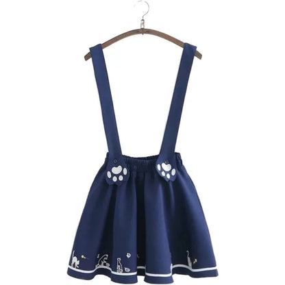 Cute Cartoon Sweet Cat Dog Paw Embroidery Skater Skirt Strap Suspenders Mini Skirt E-Girl Kawaii Korean Japanese Harajuku Streetwear