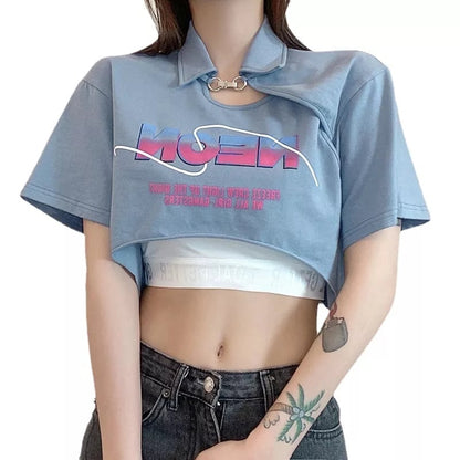 Sweet Letter Print Irregular Short Sleeve T-shirt with Corset Aesthetic Casual E-Girl Kawaii Korean Japanese Harajuku