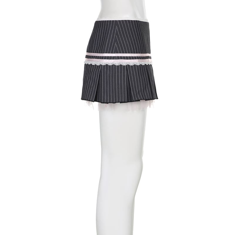 Pink Bow Stripe Fold Lace Up High Waist Skirt