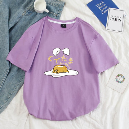 Funny Lazy Egg Cartoon Anime Print Casual Summer Loose Short Sleeve Tee Shirt T-shirt Top E-Girl Kawaii Korean Japanese Harajuku Streetwear