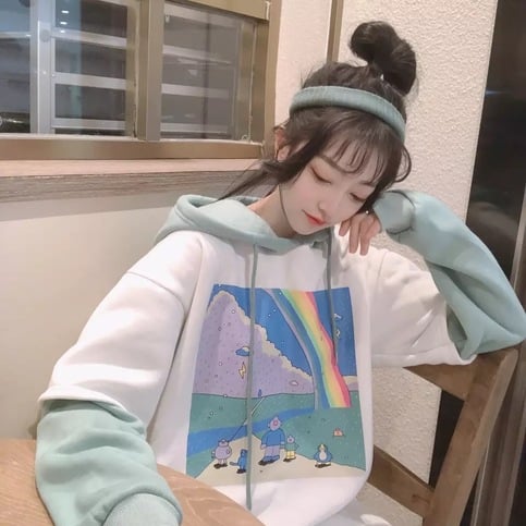 Rainbow Cartoon Print Hoodie Patchwork Loose Drawstring Sweatshirt Sweater Long Sleeve Pullover E-Girl Kawaii Korean Japanese Harajuku Streetwear