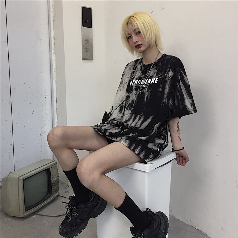 Cute Smoke Ash Print Loose Oversized Crop Top Short Sleeve Shirt Tee T-shirt E-Girl Kawaii Korean Japanese Harajuku Chinese Retro Streetwear Punk Goth