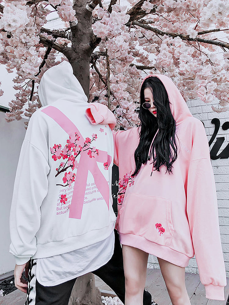 Cute Cherry Blossom Sakura Flower Print Oversized Unisex Long Sleeve Hoodie Sweater Sweatshirt E-Girl Kawaii Korean Japanese Harajuku Streetwear