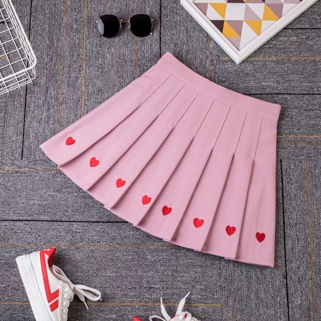 Cute Love Heart Pleated High Waist A-line Mini Skirt Summer Aesthetic Casual E-Girl Kawaii Korean Japanese Harajuku