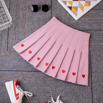 Cute Love Heart Pleated High Waist A-line Mini Skirt Summer Aesthetic Casual E-Girl Kawaii Korean Japanese Harajuku