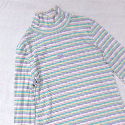 Cute Heart Sweet Rainbow Pastel Turtleneck Stripe Knit Long Sleeve Shirt Top Pullover Sweater E-Girl Kawaii Korean Japanese Harajuku Retro Streetwear
